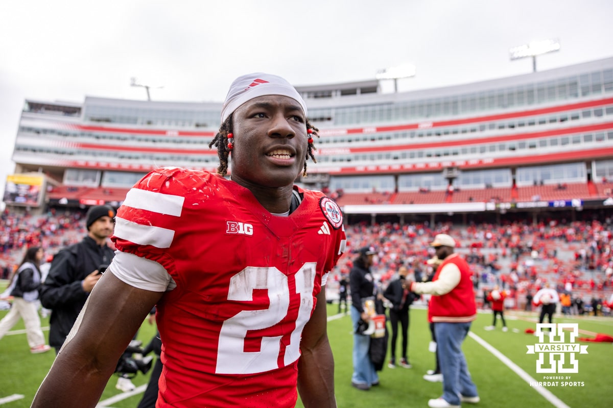 Nebraska Cornhusker running back Emmett Johnson (21) heads to the locker room after the win over the Northwestern Wildcats during a college football game on Saturday, October 25, 2025, in Lincoln, Nebraska. Photo by John S. Peterson.