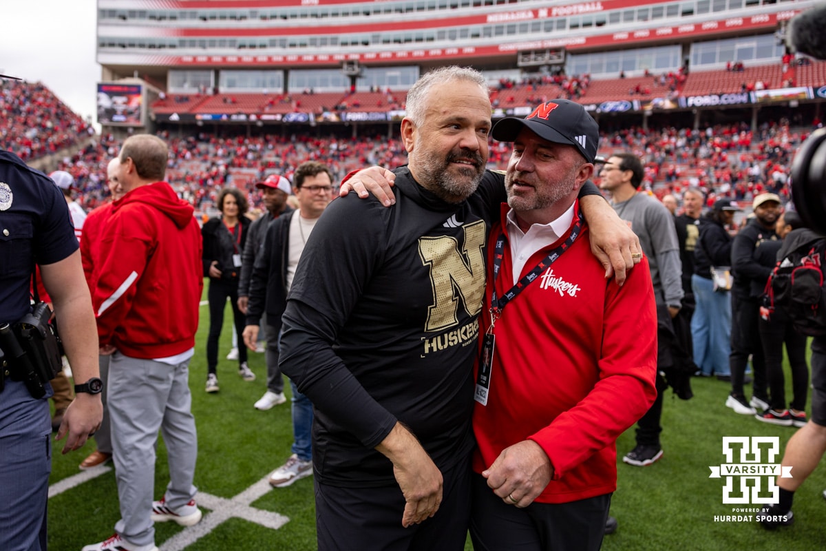 Nebraska Cornhusker head coach Matt Rhule and athletic director Troy Dannon give each other a hug after the win over the Northwestern Wildcats during a college football game on Saturday, October 25, 2025, in Lincoln, Nebraska. Photo by John S. Peterson.