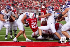 Nebraska Cornhusker running back Emmett Johnson (21) makes a touchdown against the Northwestern Wildcats in the fourth quater during a college football game on Saturday, October 25, 2025, in Lincoln, Nebraska. Photo by John S. Peterson.