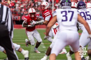 Nebraska Cornhusker running back Emmett Johnson (21) runs for a touchdown in the fourth quarter against the Northwestern Wildcats during a college football game on Saturday, October 25, 2025, in Lincoln, Nebraska. Photo by John S. Peterson.