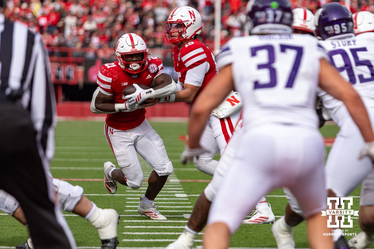 Nebraska Cornhusker running back Emmett Johnson (21) runs for a touchdown in the fourth quarter against the Northwestern Wildcats during a college football game on Saturday, October 25, 2025, in Lincoln, Nebraska. Photo by John S. Peterson.