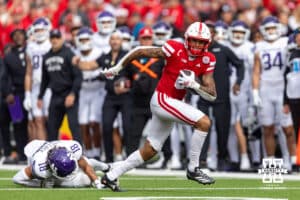 Nebraska Cornhusker wide receiver Dane Key (6) makes a catch for 13 yards against the Northwestern Wildcats in the fourth quarter during a college football game on Saturday, October 25, 2025, in Lincoln, Nebraska. Photo by John S. Peterson.