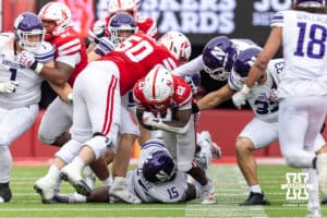 Nebraska Cornhusker running back Emmett Johnson (21) runs with the ball against the Northwestern Wildcats in the fourth quarter during a college football game on Saturday, October 25, 2025, in Lincoln, Nebraska. Photo by John S. Peterson.