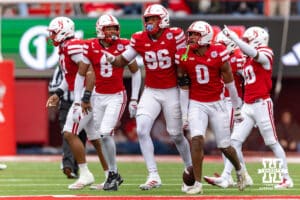 Nebraska Cornhusker linebacker Javin Wright (0) celebrates his interception against the Northwestern Wildcats in the fourth quarter during a college football game on Saturday, October 25, 2025, in Lincoln, Nebraska. Photo by John S. Peterson.
