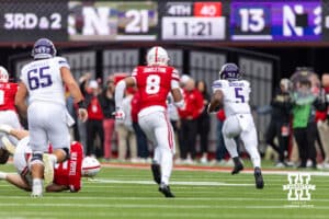 Northwestern Wildcat running back Caleb Komolafe (5) breaks free to score a touchdown against the Nebraska Cornhuskers in the fourth quarter during a college football game on Saturday, October 25, 2025, in Lincoln, Nebraska. Photo by John S. Peterson.