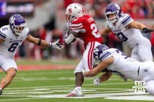 Nebraska Cornhusker running back Emmett Johnson (21) runs with ball against the Northwestern Wildcats in the third quarter during a college football game on Saturday, October 25, 2025, in Lincoln, Nebraska. Photo by John S. Peterson.