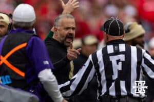 Nebraska Cornhusker head coach Matt Rhule talks to the referee during a college football game against the Northwestern Wildcats on Saturday, October 25, 2025, in Lincoln, Nebraska. Photo by John S. Peterson.