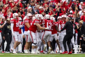 Nebraska Cornhusker wide receiver Nyziah Hunter (13) celebrates his touchdown in the third quarter against the Northwestern Wildcats during a college football game on Saturday, October 25, 2025, in Lincoln, Nebraska. Photo by John S. Peterson.