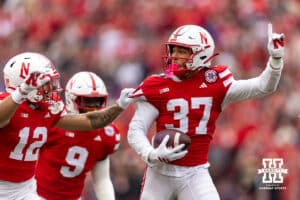 Nebraska Cornhusker defensive back Donovan Jones (37) celebrates intercepting the ball against the Northwestern Wildcats in the third quarter during a college football game on Saturday, October 25, 2025, in Lincoln, Nebraska. Photo by John S. Peterson.