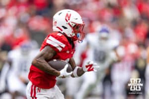 Nebraska Cornhusker wide receiver Jacory Barney Jr. (2) runs with the ball against the Northwestern Wildcats in the third quarter during a college football game on Saturday, October 25, 2025, in Lincoln, Nebraska. Photo by John S. Peterson.