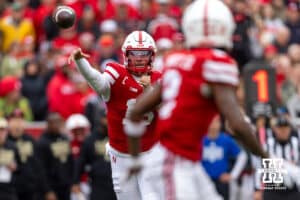Nebraska Cornhusker quarterback Dylan Raiola (15) throws a pass to wide receiver Jacory Barney Jr. (2) in the third quarter against the Northwestern Wildcats during a college football game on Saturday, October 25, 2025, in Lincoln, Nebraska. Photo by John S. Peterson.