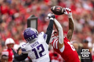 Northwestern Wildcat defensive back Evan Smith (12) breaks up a pass for Nebraska Cornhusker wide receiver Dane Key (6) in the second quarter during a college football game on Saturday, October 25, 2025, in Lincoln, Nebraska. Photo by John S. Peterson.