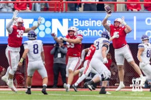 Nebraska Cornhusker defensive lineman Riley van Poppel (5) knocks the ball away from a pass attempt from Northwestern Wildcat quarterback Preston Stone (8) in the second quarter during a college football game on Saturday, October 25, 2025, in Lincoln, Nebraska. Photo by John S. Peterson.