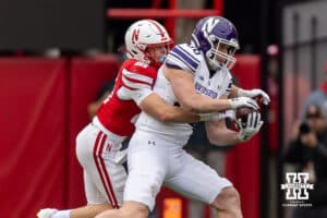 Nebraska Cornhusker defensive back Rex Guthrie (21) tries to break up a pass to Northwestern Wildcat wide receiver Hayden Eligon II (80) in the second quarter during a college football game on Saturday, October 25, 2025, in Lincoln, Nebraska. Photo by John S. Peterson.