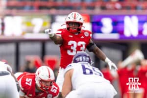 Nebraska Cornhusker linebacker Marques Watson-Trent (33) give a signal against the Northwestern Wildcats in the second quarter during a college football game on Saturday, October 25, 2025, in Lincoln, Nebraska. Photo by John S. Peterson.