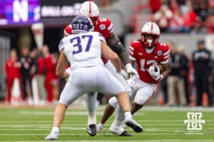Nebraska Cornhusker wide receiver Nyziah Hunter (13) runs with the football after a catch in the second quarter against the Northwestern Wildcats during a college football game on Saturday, October 25, 2025, in Lincoln, Nebraska. Photo by John S. Peterson.
