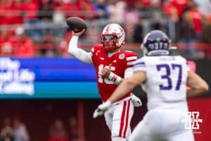 Nebraska Cornhusker quarterback Dylan Raiola (15) throws the football against Northwestern Wildcat linebacker Mac Uihlein (37) in the second quarter during a college football game on Saturday, October 25, 2025, in Lincoln, Nebraska. Photo by John S. Peterson.