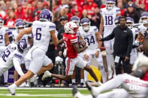 Nebraska Cornhusker wide receiver Jacory Barney Jr. (2) runs with the ball against the Northwestern Wildcats in the second quarter during a college football game on Saturday, October 25, 2025, in Lincoln, Nebraska. Photo by John S. Peterson.