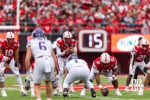 Nebraska Cornhusker quarterback Dylan Raiola (15) ready for the snap against the Northwestern Wildcats in the second quarter during a college football game on Saturday, October 25, 2025, in Lincoln, Nebraska. Photo by John S. Peterson.