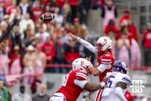 Nebraska Cornhusker quarterback Dylan Raiola (15) throws the football against the Northwestern Wildcats in the first quarter during a college football game on Saturday, October 25, 2025, in Lincoln, Nebraska. Photo by John S. Peterson.