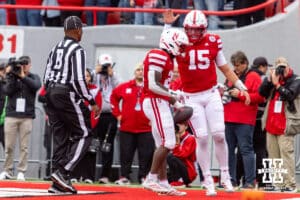 Nebraska Cornhusker running back Emmett Johnson (21) and quarterback Dylan Raiola (15) celebrates a touchdown in the first quarter against the Northwestern Wildcats during a college football game on Saturday, October 25, 2025, in Lincoln, Nebraska. Photo by John S. Peterson.