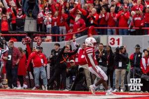 Nebraska Cornhusker running back Emmett Johnson (21) scores a touchdown against the Northwestern Wildcats in the first quarter during a college football game on Saturday, October 25, 2025, in Lincoln, Nebraska. Photo by John S. Peterson.