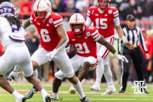 Nebraska Cornhusker running back Emmett Johnson (21) runs with the ball against the Northwestern Wildcats in the first quarter during a college football game on Saturday, October 25, 2025, in Lincoln, Nebraska. Photo by John S. Peterson.