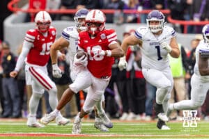 Nebraska Cornhusker wide receiver Nyziah Hunter (13) runs with the ball afte a catch against the Northwestern Wildcats in the first quarter during a college football game on Saturday, October 25, 2025, in Lincoln, Nebraska. Photo by John S. Peterson.