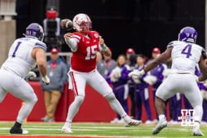 Nebraska Cornhusker quarterback Dylan Raiola (15) throws the football against the Northwestern Wildcats in the first quarter during a college football game on Saturday, October 25, 2025, in Lincoln, Nebraska. Photo by John S. Peterson.