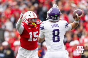 Nebraska Cornhusker linebacker Dasan McCullough (15) puts pressure on Northwestern Wildcat quarterback Preston Stone (8) in the first quarter during a college football game on Saturday, October 25, 2025, in Lincoln, Nebraska. Photo by John S. Peterson.