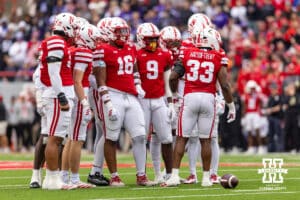 Nebraska Cornhuskers defense huddles up against the Northwestern Wildcats in the first quarter during a college football game on Saturday, October 25, 2025, in Lincoln, Nebraska. Photo by John S. Peterson.
