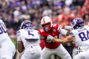 Nebraska Cornhusker defensive lineman Williams Nwaneri (96) reaches for Northwestern Wildcat running back Caleb Komolafe (5) in the first quarter during a college football game on Saturday, October 25, 2025, in Lincoln, Nebraska. Photo by John S. Peterson.