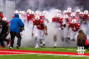 Nebraska Cornhusker quarterback Dylan Raiola (15) leads the Huskers out to take on the Northwestern Wildcats during a college football game on Saturday, October 25, 2025, in Lincoln, Nebraska. Photo by John S. Peterson.