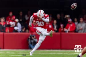 Nebraska Cornhusker kicker John Hohl (90) makes the opening kick-off against the Northwestern Wildcats during a college football game on Saturday, October 25, 2025, in Lincoln, Nebraska. Photo by John S. Peterson.