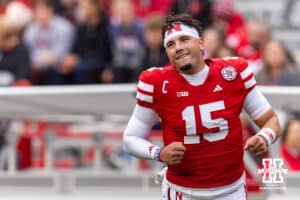 Nebraska Cornhusker quarterback Dylan Raiola (15) heads to the locker room after warm-ups before taking on the Northwestern Wildcats during a college football game on Saturday, October 25, 2025, in Lincoln, Nebraska. Photo by John S. Peterson.
