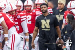 Nebraska Cornhuskers wide receivers coach Daikiel Shorts Jr. watches warm-ups before taking on the Northwestern Wildcats during a college football game on Saturday, October 25, 2025, in Lincoln, Nebraska. Photo by John S. Peterson.