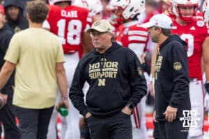 Nebraska Cornhuskers offensive coordinator Dana Holgorsen watches warm-ups before taking on the Northwestern Wildcats during a college football game on Saturday, October 25, 2025, in Lincoln, Nebraska. Photo by John S. Peterson.
