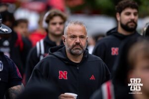 Nebraska Cornhusker head coach Matt Rhule walking in the Legacy Walk to the stadium to take on the Northwestern Wildcats during a college football game on Saturday, October 25, 2025, in Lincoln, Nebraska. Photo by John S. Peterson.