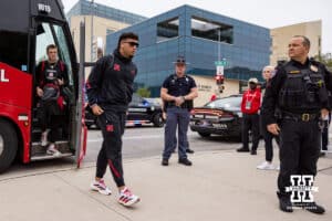 Nebraska Cornhusker quarterback Dylan Raiola (15) steps off the bus and heads to the stadium to take on the Northwestern Wildcats during a college football game on Saturday, October 25, 2025, in Lincoln, Nebraska. Photo by John S. Peterson.