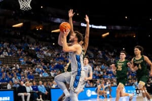 Creighton Bluejay Fedor Žugić (#7) attempts a contested layup during an exhibition against Colorado State on Saturday, October 25, 2025, in Omaha, Nebraska. Photo by Brandon Tiedemann.