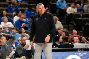 Creighton Bluejay head coach Greg McDermott smirks during an exhibition against Colorado State on Saturday, October 25, 2025, in Omaha, Nebraska. Photo by Brandon Tiedemann.