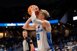 Creighton Bluejay Ty Davis (#9) shoots a three pointer during an exhibition against Colorado State on Saturday, October 25, 2025, in Omaha, Nebraska. Photo by Brandon Tiedemann.