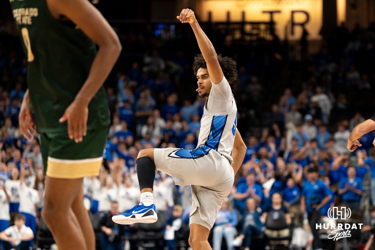 Creighton Bluejay Nik Graves (#5) celebrates a tough made basket during an exhibition against Colorado State on Saturday, October 25, 2025, in Omaha, Nebraska. Photo by Brandon Tiedemann.