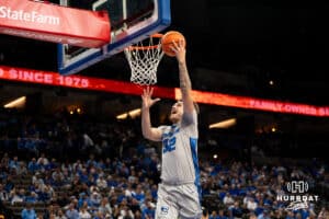 Creighton Bluejay Owen Freeman (#32) shoots a layup during an exhibition against Colorado State on Saturday, October 25, 2025, in Omaha, Nebraska. Photo by Brandon Tiedemann.