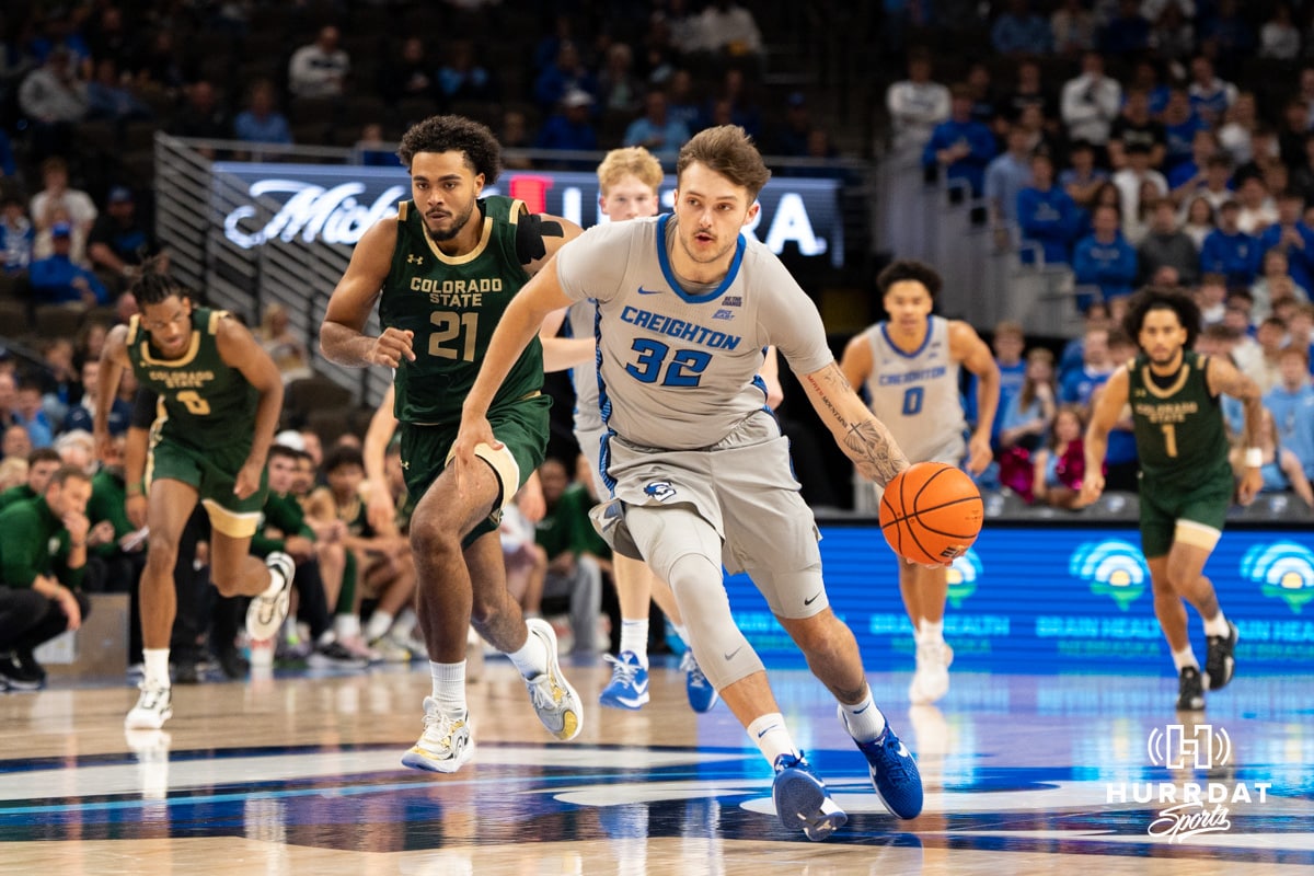 Creighton Bluejay Owen Freeman (#32) gets a steal and drives to the hoop during an exhibition against Colorado State on Saturday, October 25, 2025, in Omaha, Nebraska. Photo by Brandon Tiedemann.