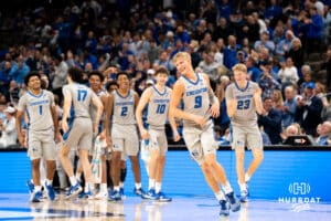 Creighton Bluejay Ty Davis (#9) celebrates a made half court buzzer beater during an exhibition against Colorado State on Saturday, October 25, 2025, in Omaha, Nebraska. Photo by Brandon Tiedemann.