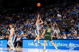Creighton Bluejay Ty Davis (#9) shoots a half court shot during an exhibition against Colorado State on Saturday, October 25, 2025, in Omaha, Nebraska. Photo by Brandon Tiedemann.