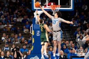 Creighton Bluejay Kerem Konan (#17) blocks a shot during an exhibition against Colorado State on Saturday, October 25, 2025, in Omaha, Nebraska. Photo by Brandon Tiedemann.