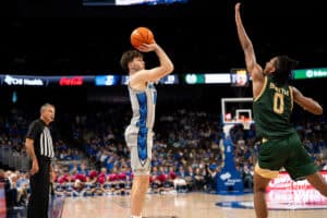 Creighton Bluejay Hudson Greer (#10) shoots a three pointer during an exhibition against Colorado State on Saturday, October 25, 2025, in Omaha, Nebraska. Photo by Brandon Tiedemann.