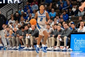 Creighton Bluejay Blake Harper (#2) dribbles the ball up court during an exhibition against Colorado State on Saturday, October 25, 2025, in Omaha, Nebraska. Photo by Brandon Tiedemann.